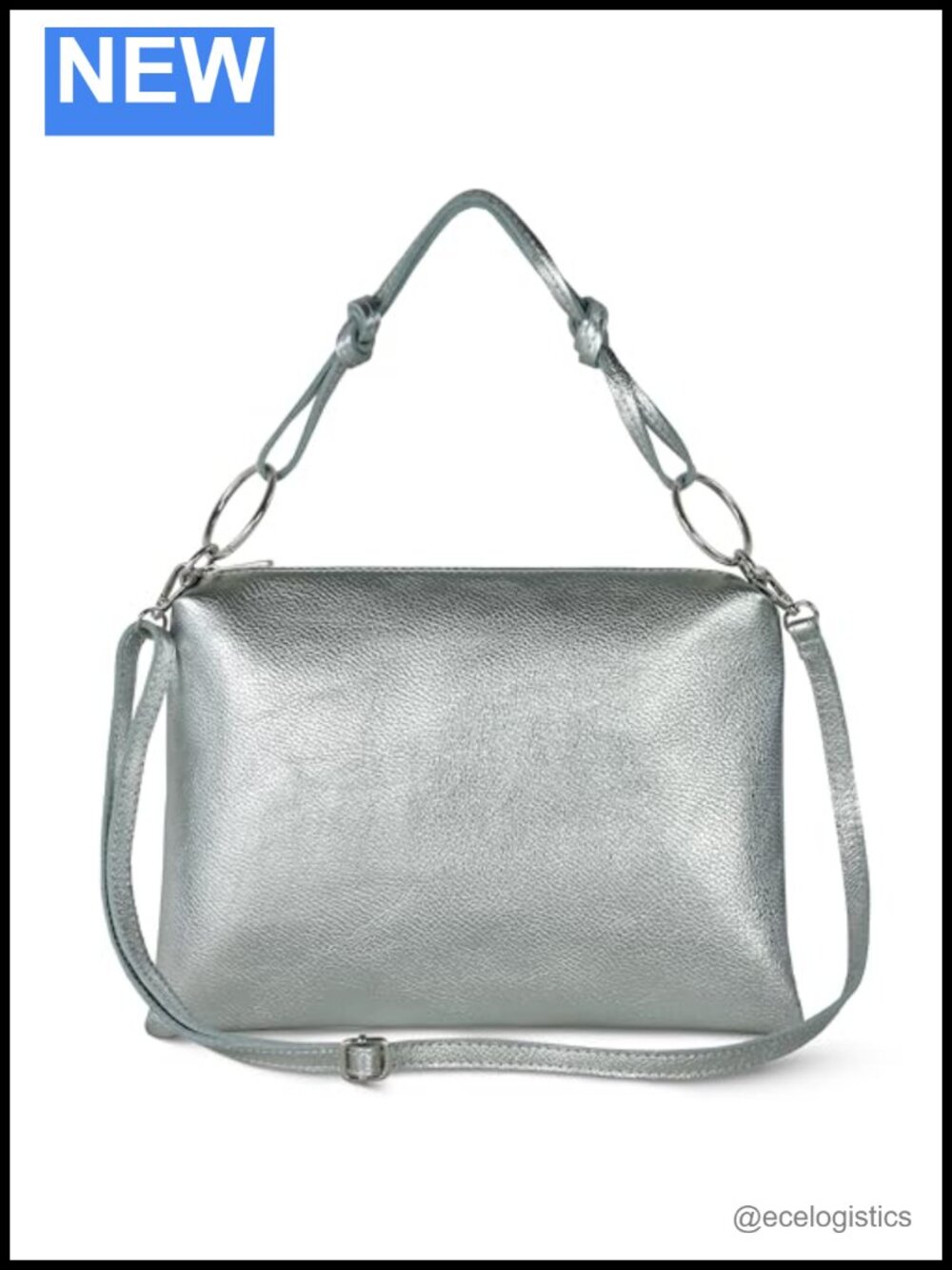 Italian Metallic Calf Leather Rectangular Shoulder Bag with Zipper Crossbody